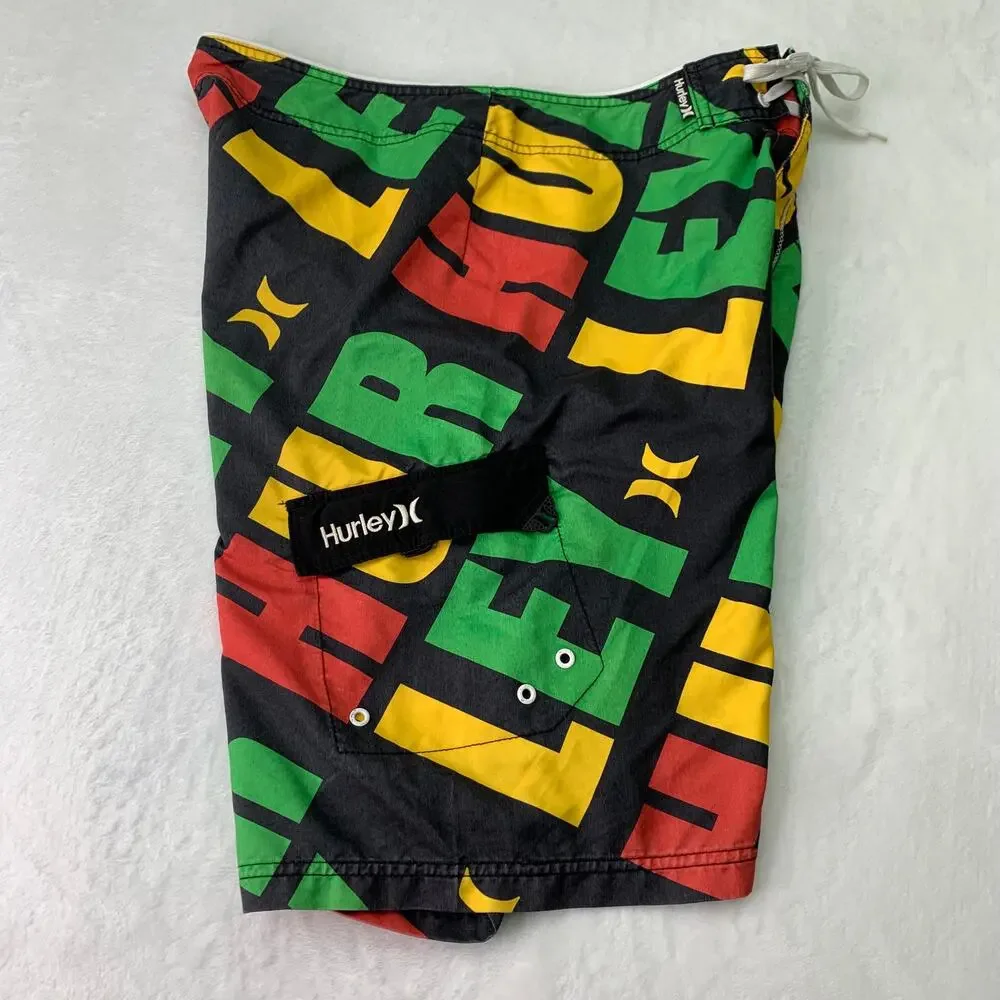 Hurley Mens Size Medium Red Green Yellow Black Marley Reggae Board Shorts Swim